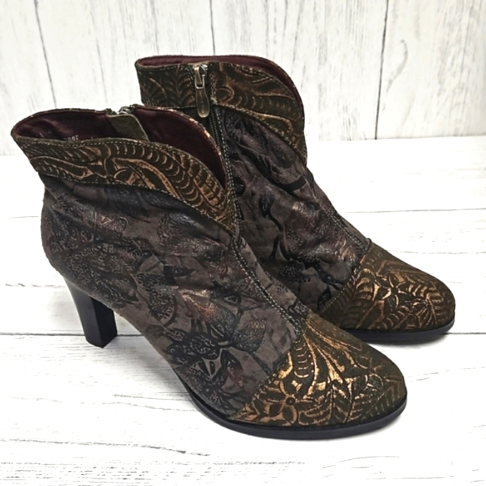 L'Artise by Spring Step Lidia embossed boots brown/gold women's size 41
